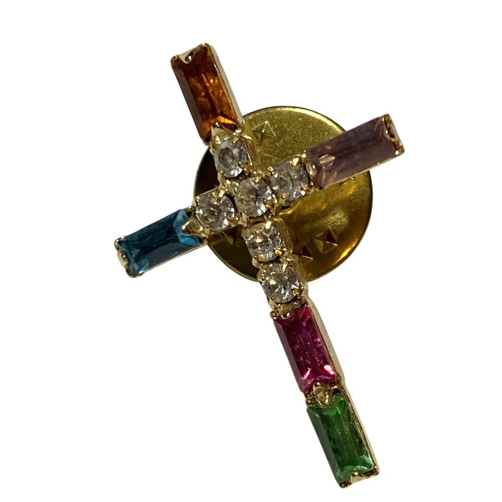 Multicolor Rhinestone Cross Lapel Pin With Gold-Tone Backing - Picture 2 of 7